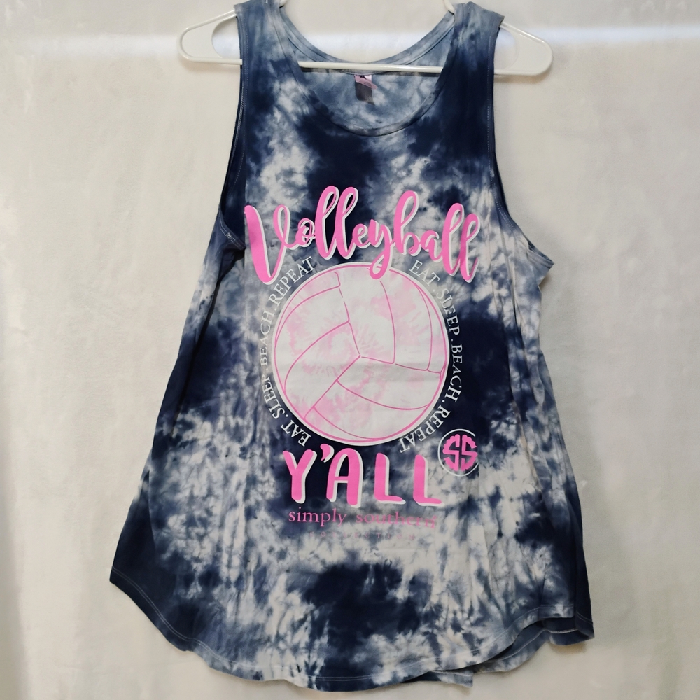 Simply Southern‎ Volleyball Y'all Tie Dye Cotton Tank Top Womens  XL Blue Pink F